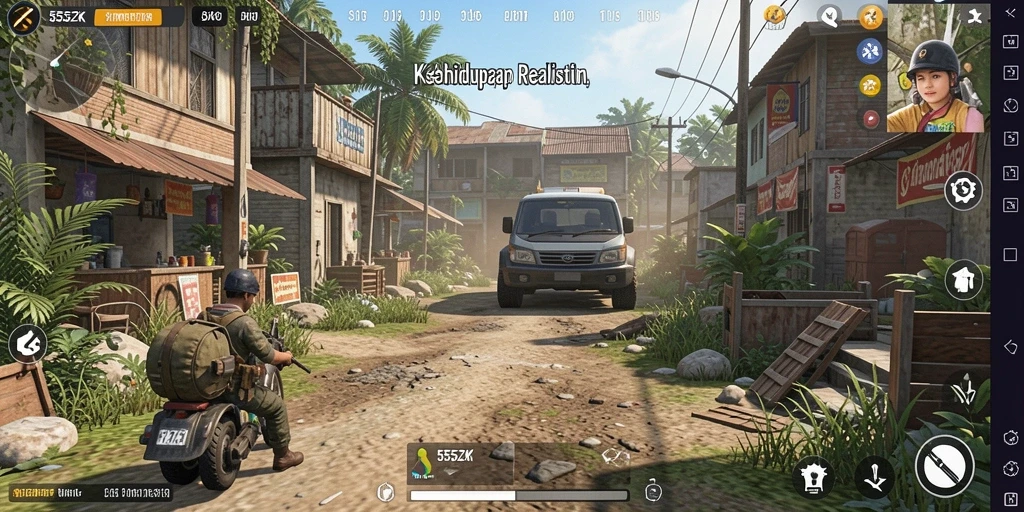 Screenshot gameplay 555ZK dengan karakter berinteraksi di lingkungan virtual.