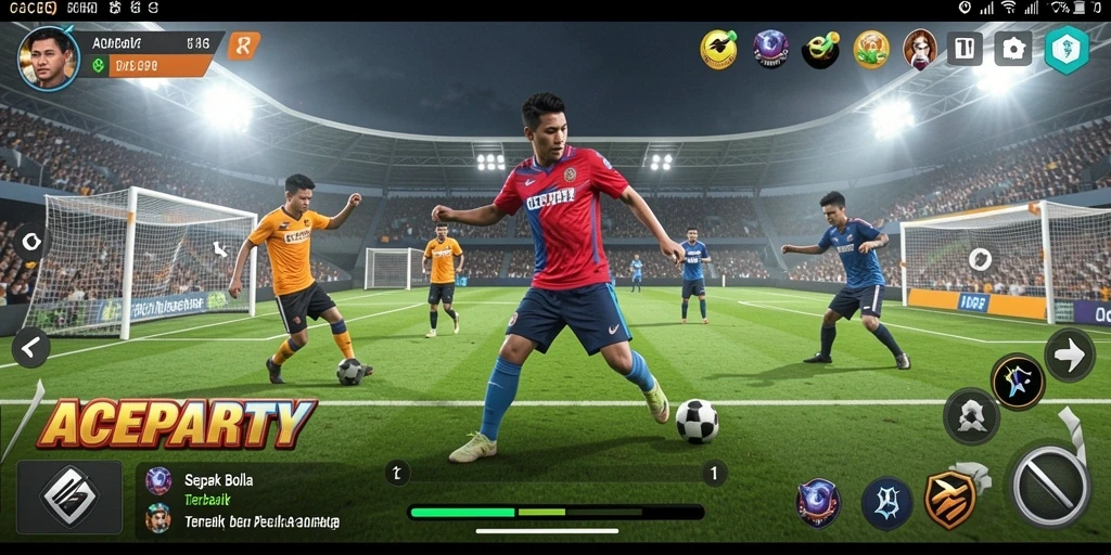 Tampilan seru gameplay ACEPARTY yang menampilkan aksi sepak bola mendebarkan.