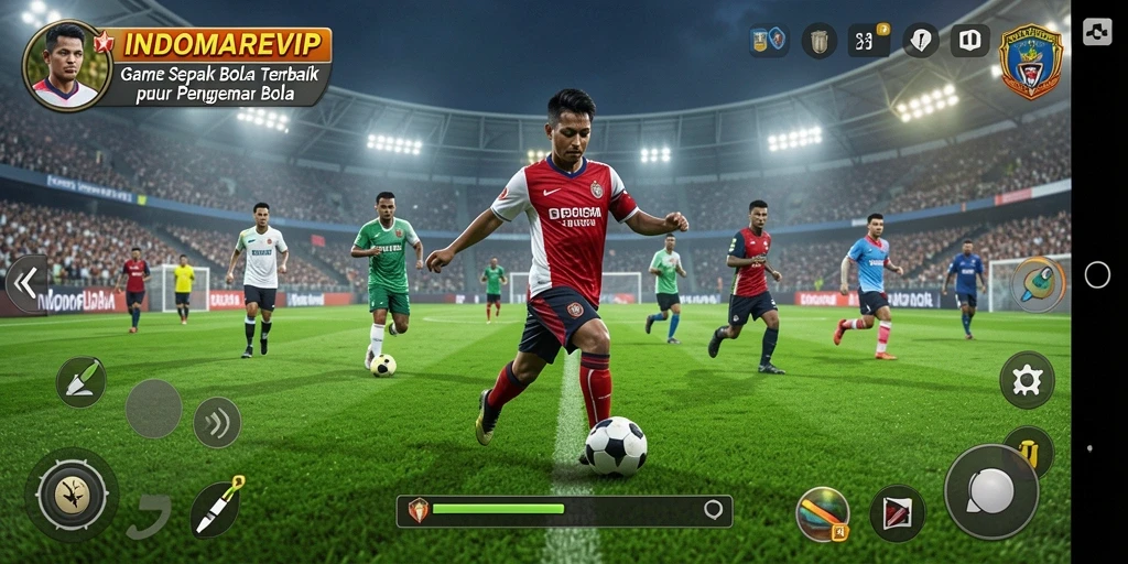 Gameplay INDOMAREVIP menampilkan aksi seru di lapangan sepak bola.