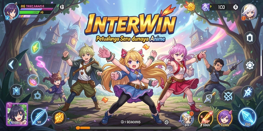 Tampilan gameplay INTERWIN yang penuh aksi dan karakter anime.