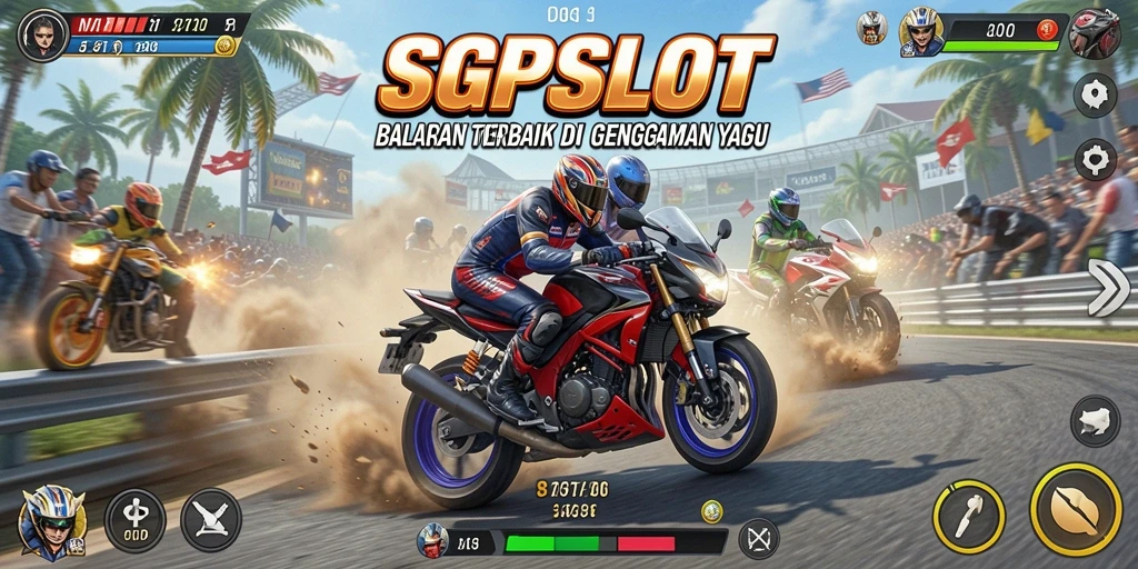 Screenshot gameplay SGPSLOT menampilkan aksi balapan motor yang menegangkan.